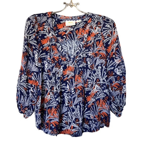 Maeve By Anthropologie Cathy Pleated Blouse with Blue and Orange Jungle Print XS - Picture 4 of 16